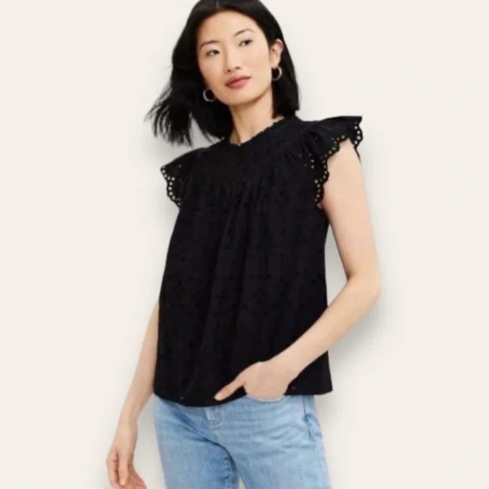 LOFT | Eyelet Smocked Neck Top in Black